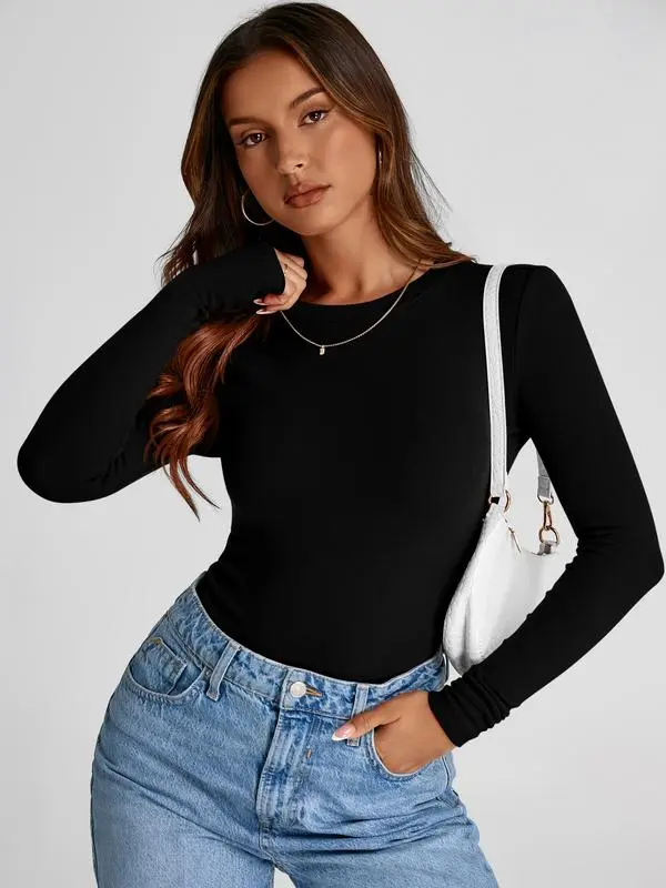 Women's Casual Long Sleeve Crew Neck Top - Slim Fit Basic Going-Out Blouse for Summer & Fall