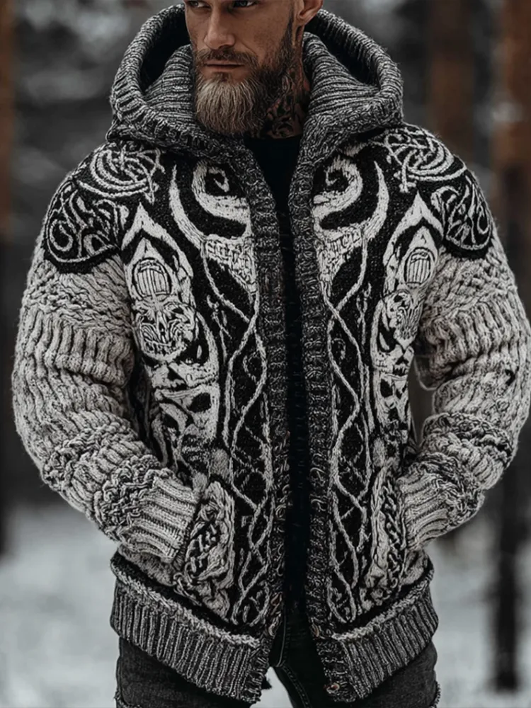 Viking Style Winter Men's Warm Hooded Knit Sweater Jacket