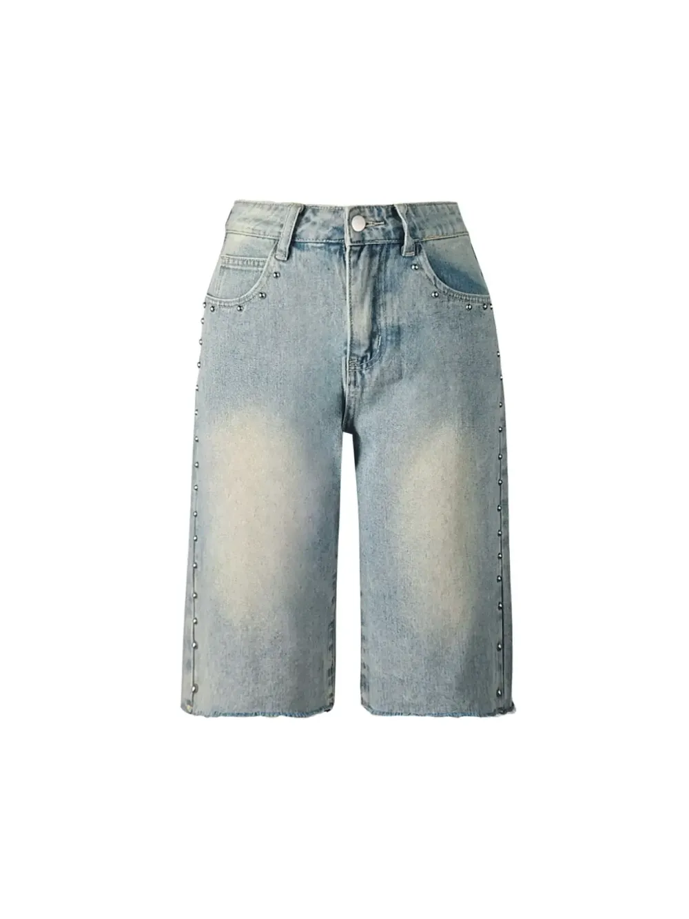 Washed Studded Wide-Leg Denim Jorts, Raw Hem High-Waisted Bermuda Shorts