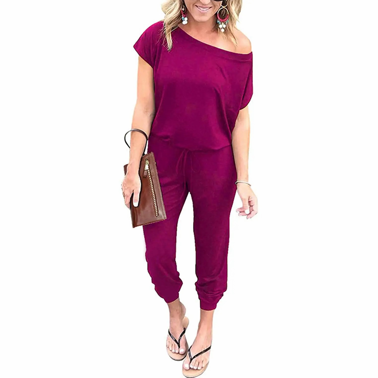Women's Off-Shoulder Elastic Waist Jumpsuit – Lightweight Casual Romper