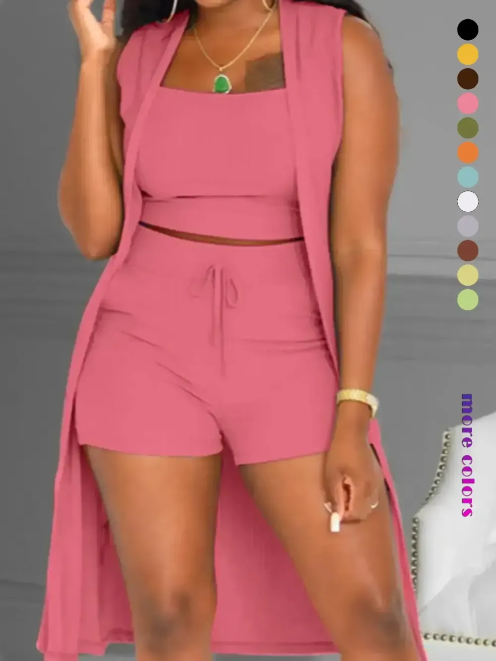 Three-Piece Set Women's Solid Ribbed Co-ord Set, Casual Crop Tank Top & Drawstring Waist Shorts & Vest Coat Set for Daily Wear