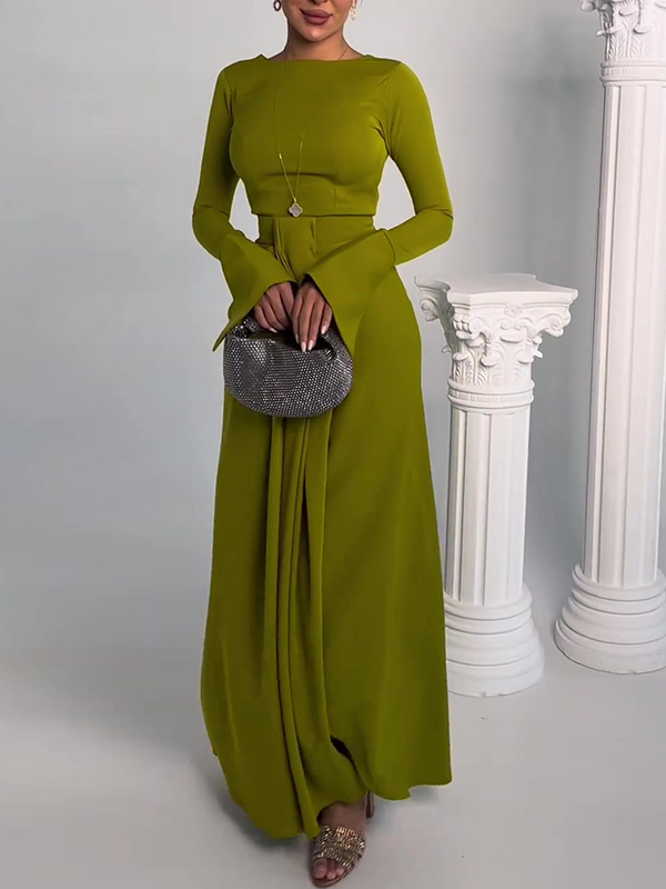 Solid Color Split-Front Bodycon Irregularity Round-Neck Maxi Dresses