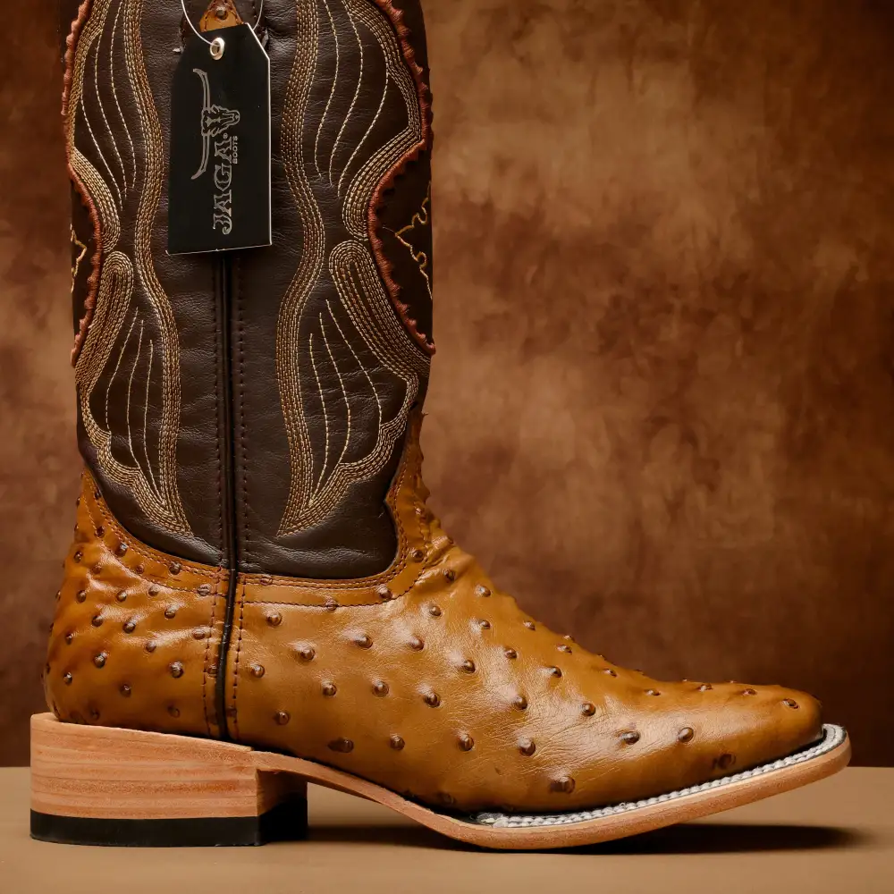 Honey Ostrich Leather Boots - Square Toe