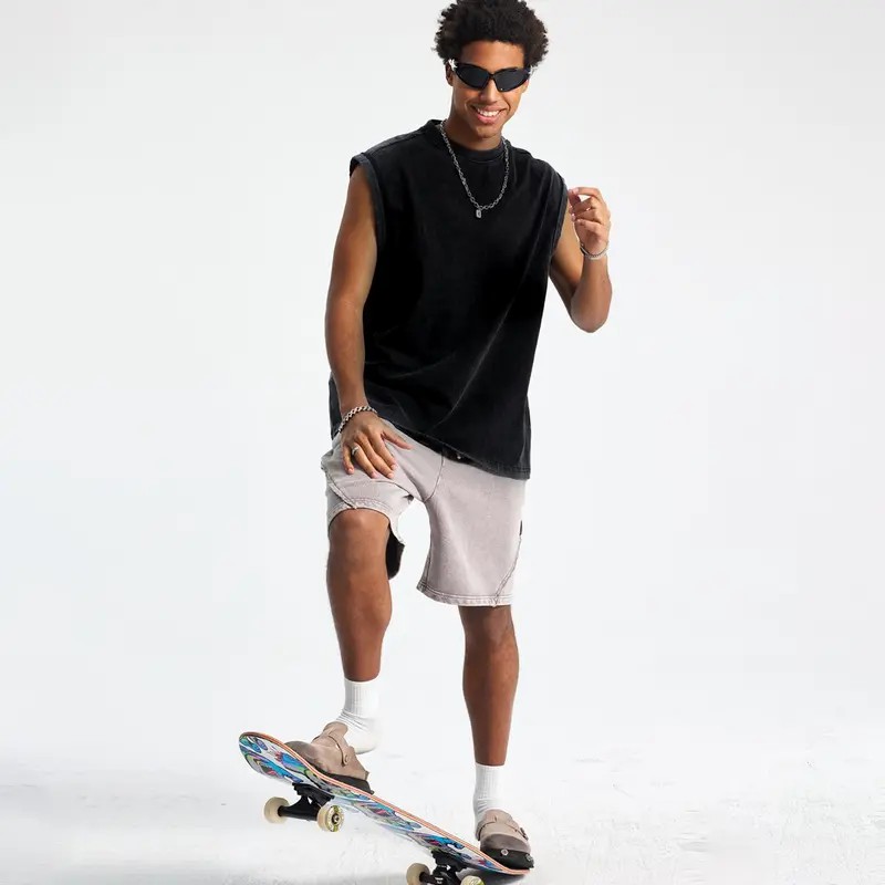 Unisex Acid Wash Cotton Muscle Tank Top – Loose Fit Gym & Streetwear Vest