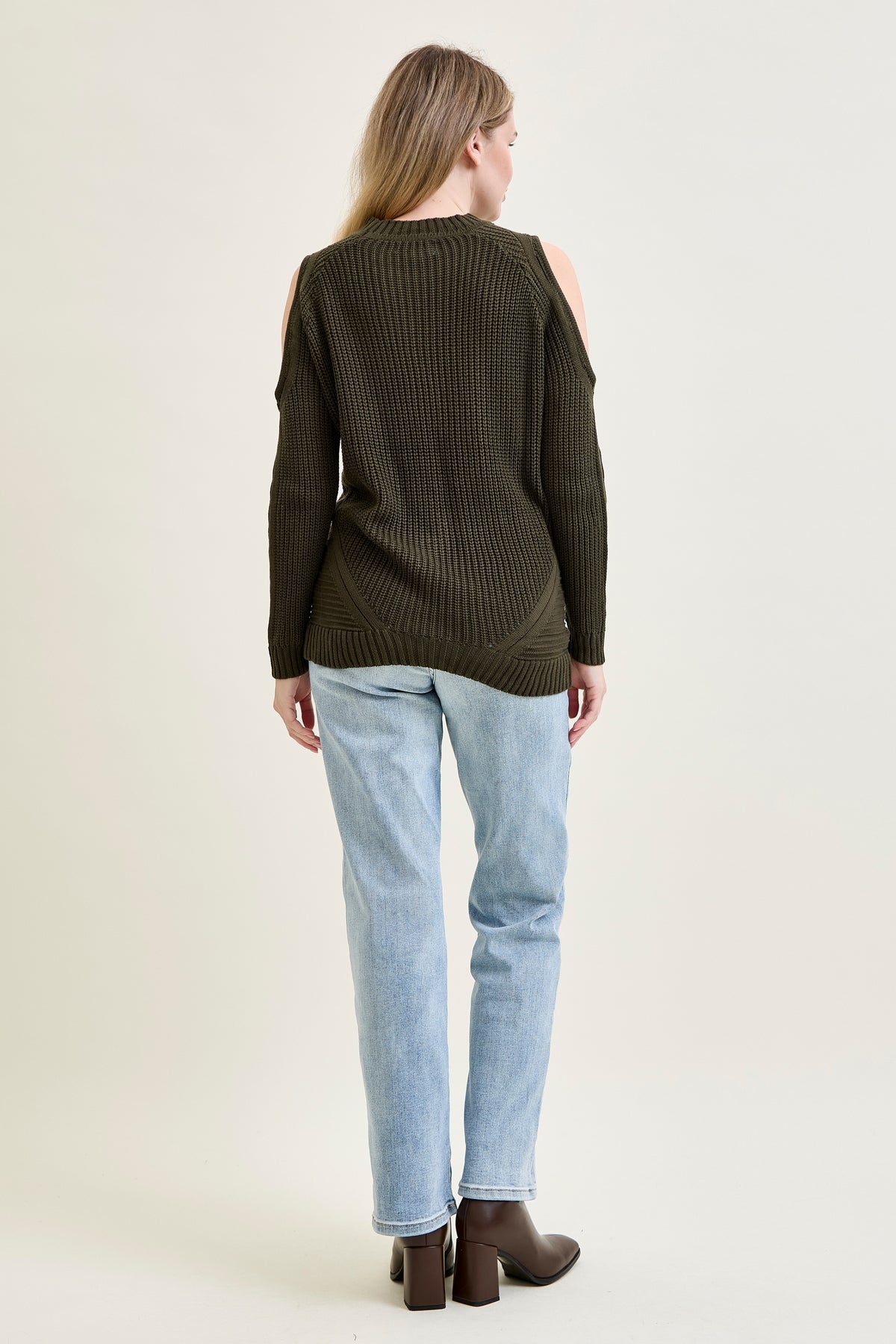 Cold Shoulder Cable Pullover Green Sweater