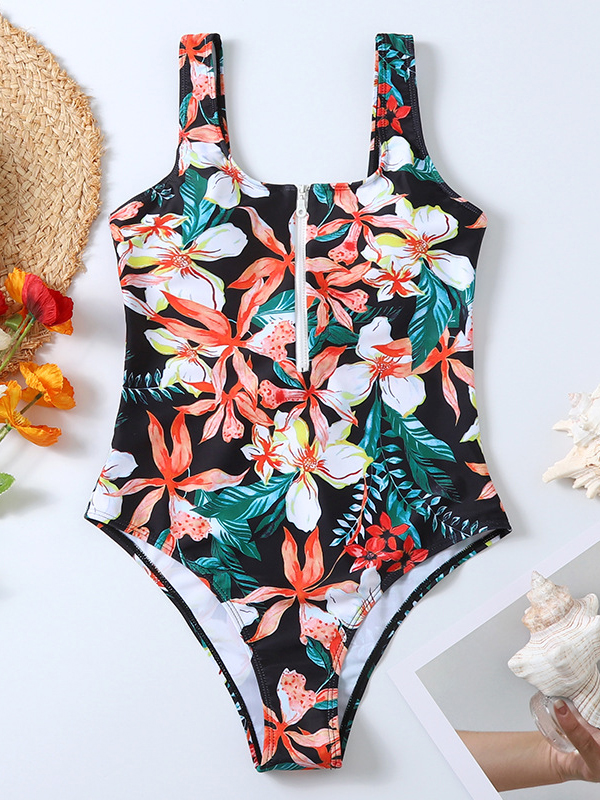 Floral Printed Zipper Backless One-Piece Swimwear