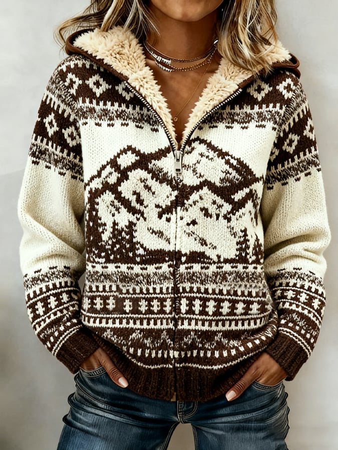 Women's Retro Western Style Pattern Zipper Hooded Jacket
