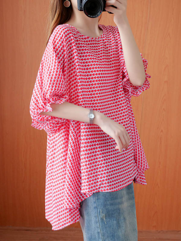 Casual Split-Joint Plaid Round-Neck Batwing Sleeves T-Shirts