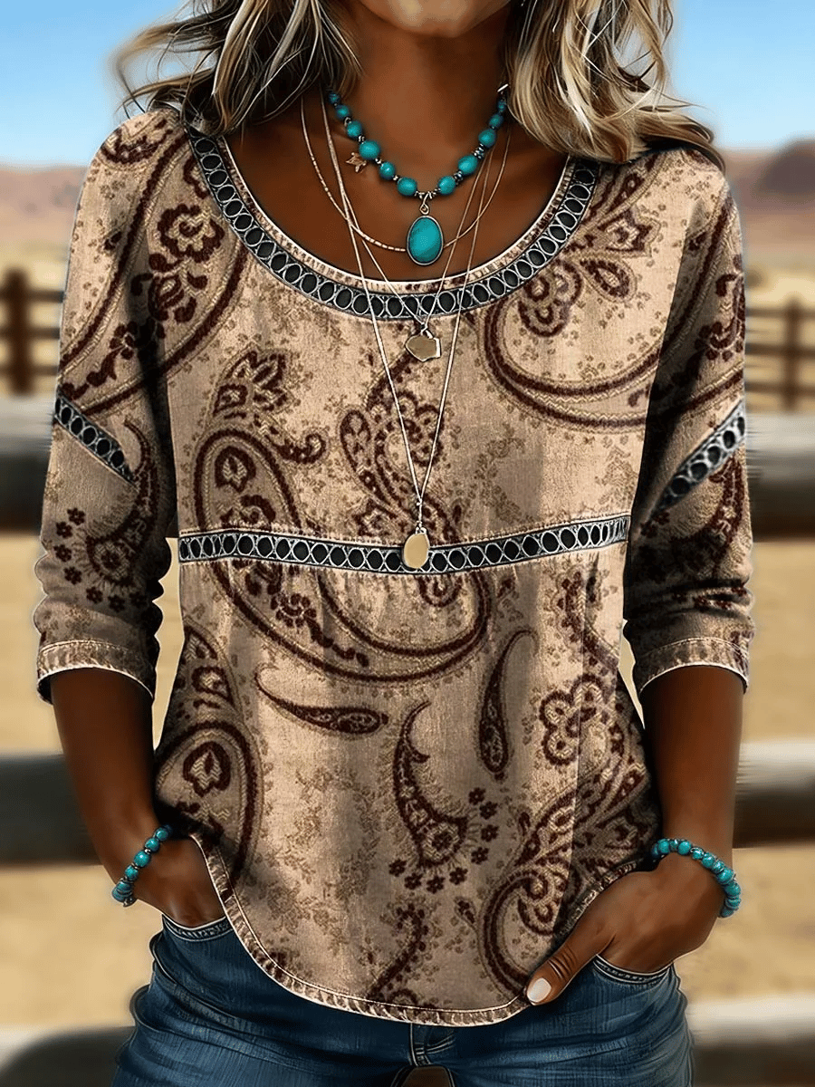 Women's Casual Retro Floral Print Cotton-Linen Cutout Top