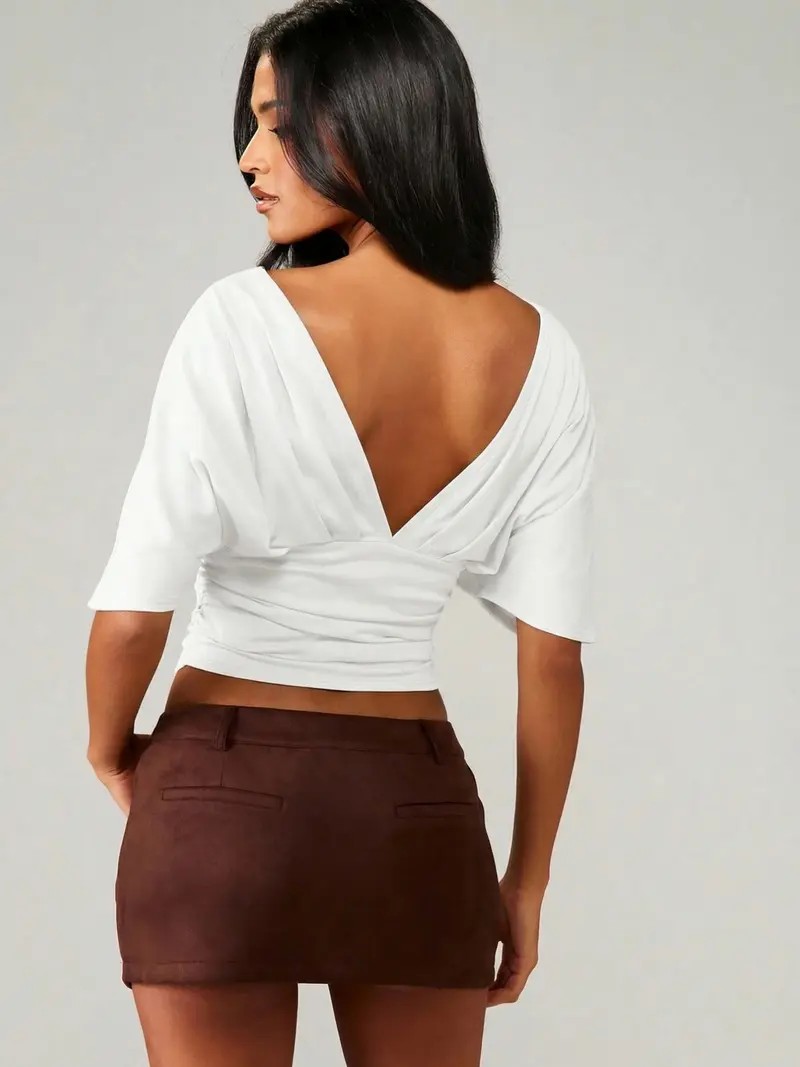 Women's Waist Cinched Backless Bodycon Top – V-Neck Slimming Fit