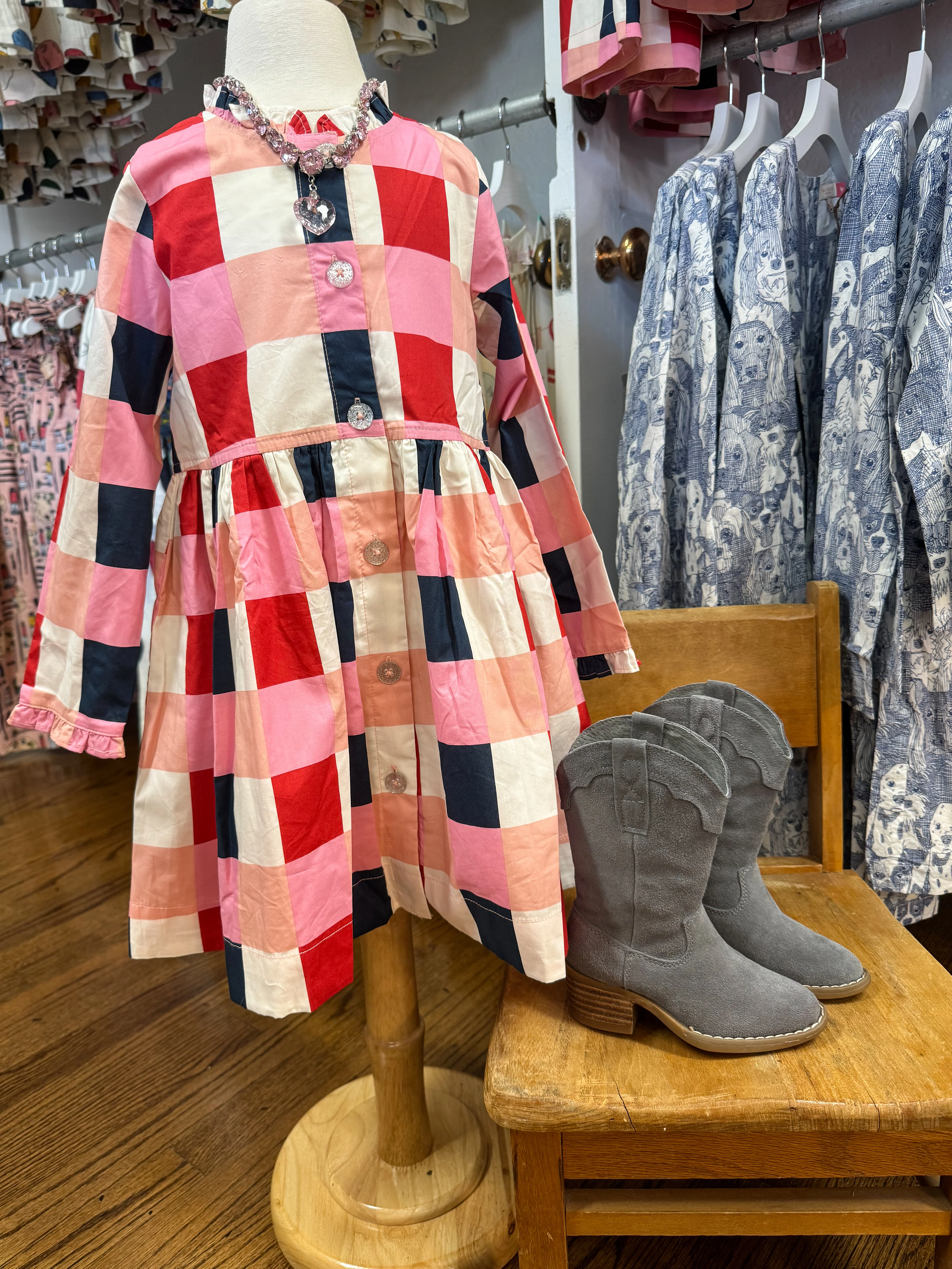 Girl's Autumn Dress Navy and Red Check