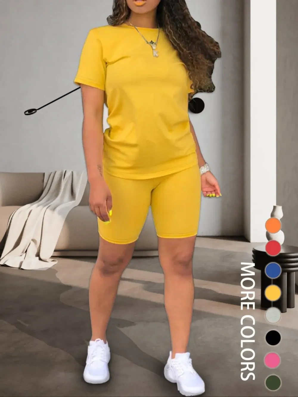 Women's Slim Fit Solid Color Crew Neck T-Shirt and Skinny Shorts Two-Piece Set