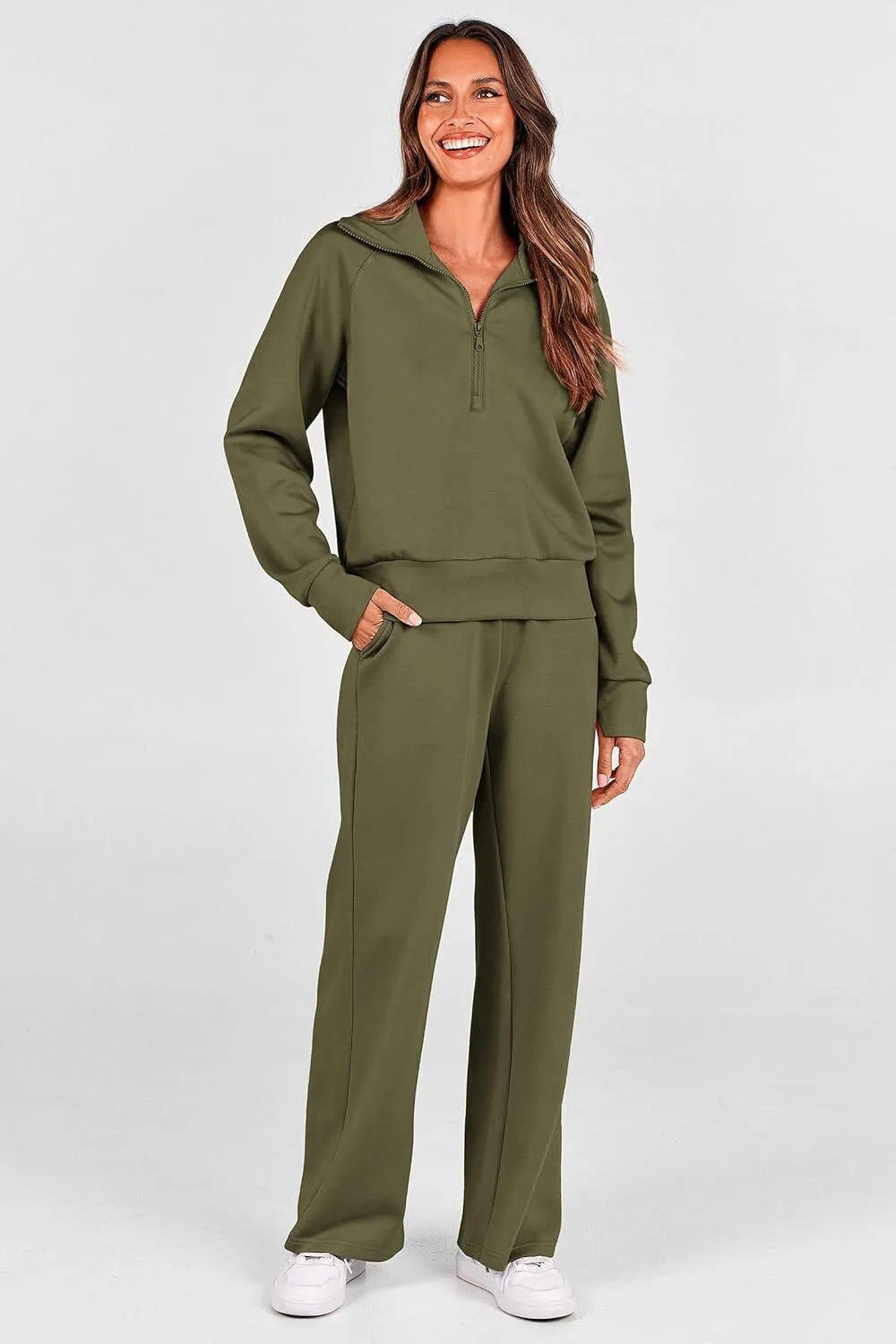 🔥Final Day Clearance!🛒Women's 2 Piece Outfits Casual Lapel Half Zip Sweatshirts And Wide Leg Pants Tracksuit Sets