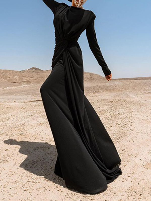 Solid Color Long Sleeves Mermaid Round-neck Maxi Dresses Evening Dresses