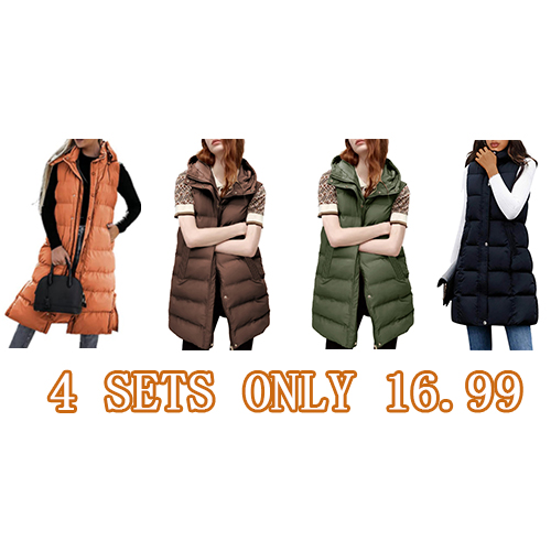 Women's Long Puffer Vest Casual Sleeveless Puffer Jacket with Removable Hood Sets