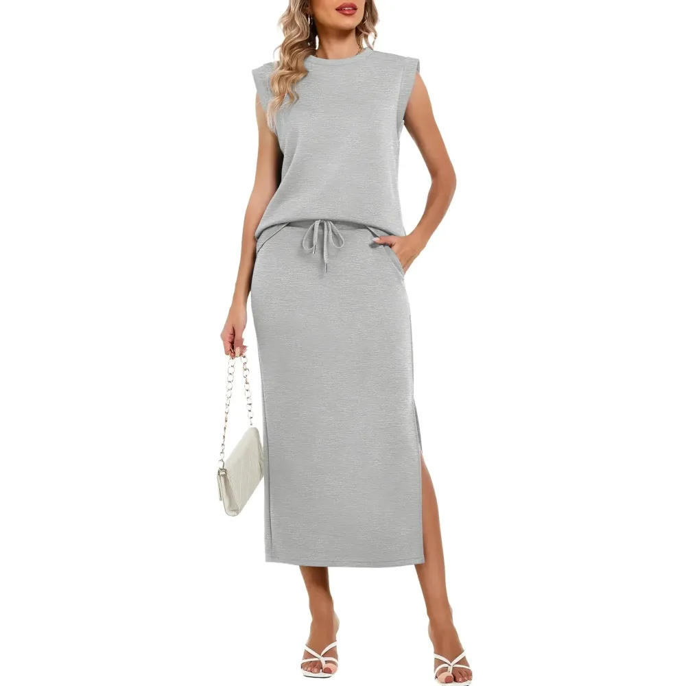 Women's Two Piece Sets Summer Outfits Cap Sleeve Top Drawstring Midi Skirts