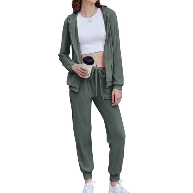 Women's Casual Velour Tracksuit Set Full Zipper Hoodie