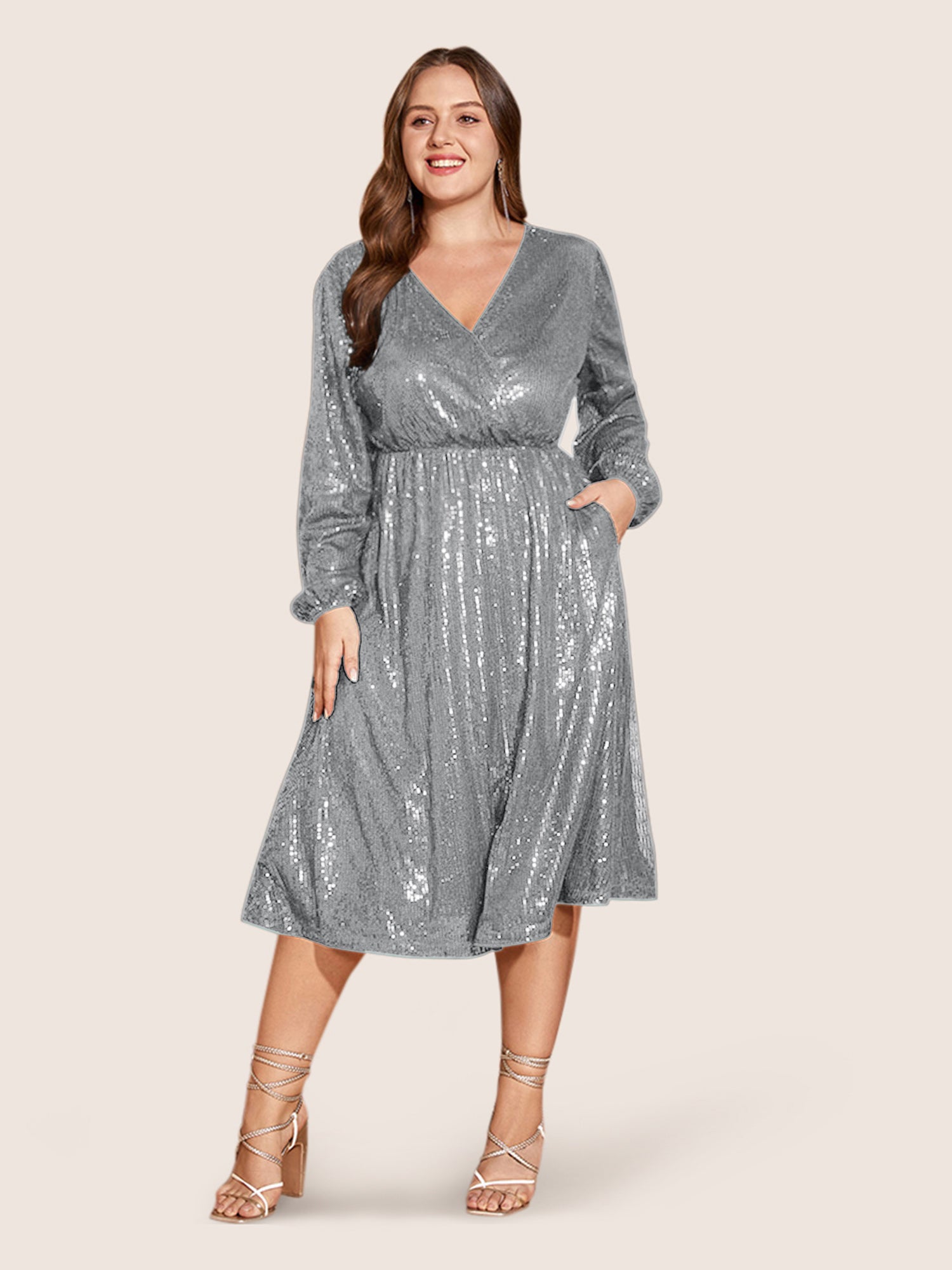 Solid Pocket Lantern Sleeve Wrap Sequin Dress