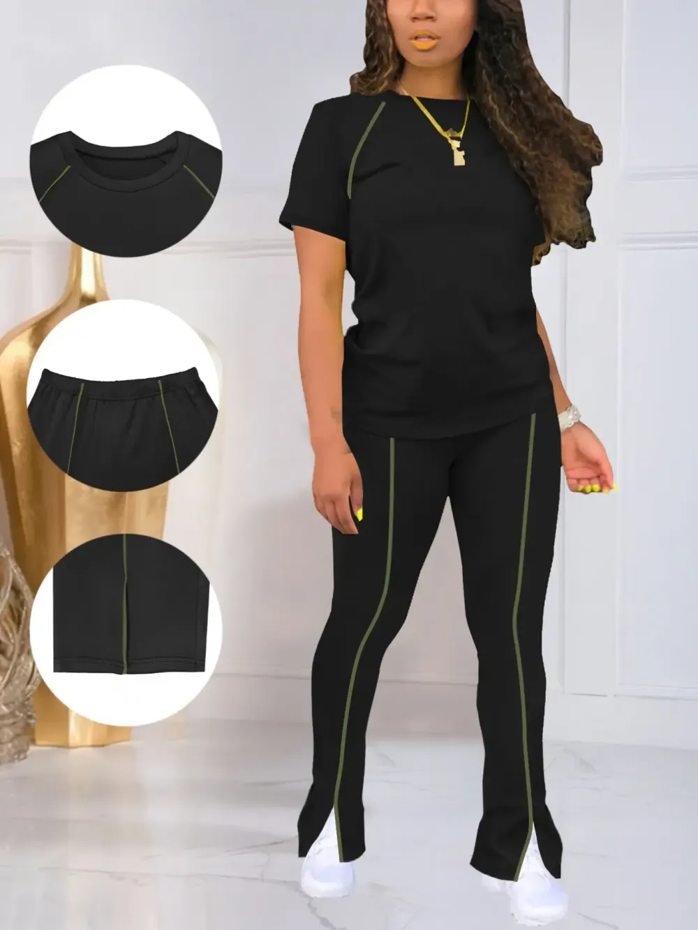 Women's Summer Round Neck Short Sleeve Fitted Pants Set Outfit, Classic Solid Color Casual Wear Lightweight Clothes