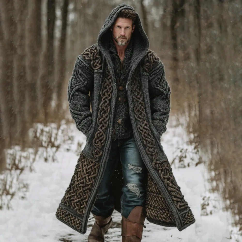 Men's Viking Celtic Knot Art Mid-length Chunky Knit Cardigan Sweater