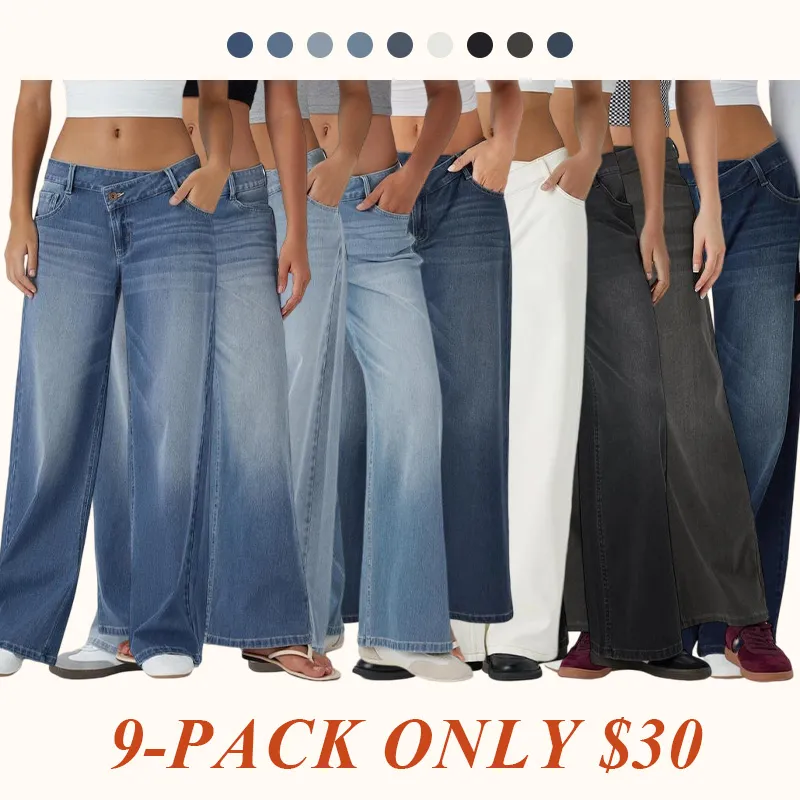 Low-rise zipper pocket loose wide-leg washed casual jeans