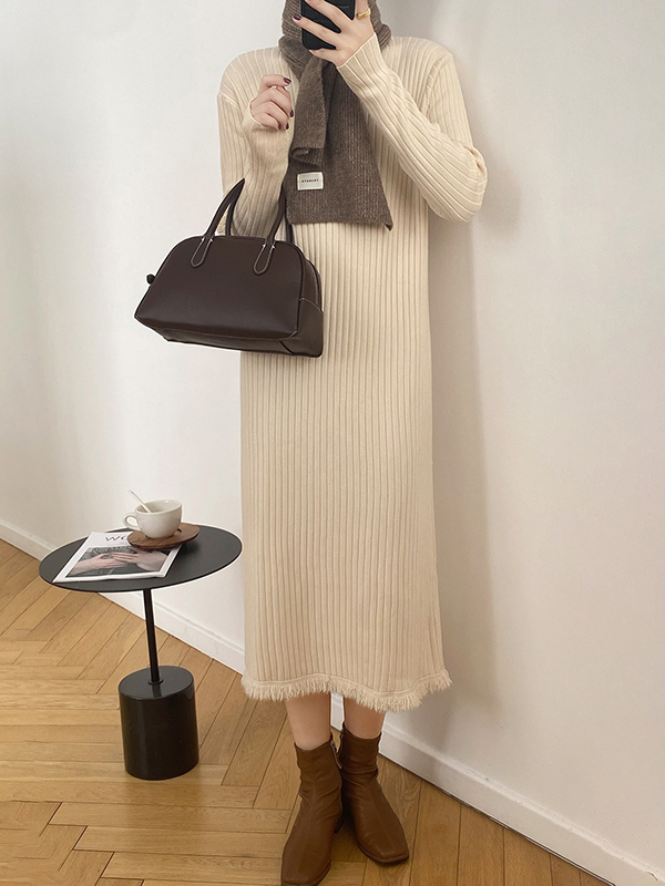 Fringed Solid Color Long Sleeves Loose Mock Neck Sweater Dresses Midi Dresses