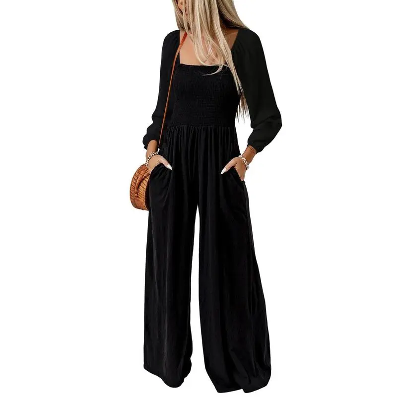 Women's Casual Loose Overalls Jumpsuits One Piece Long Sleeve Wide Leg Long Pant Rompers With Pockets