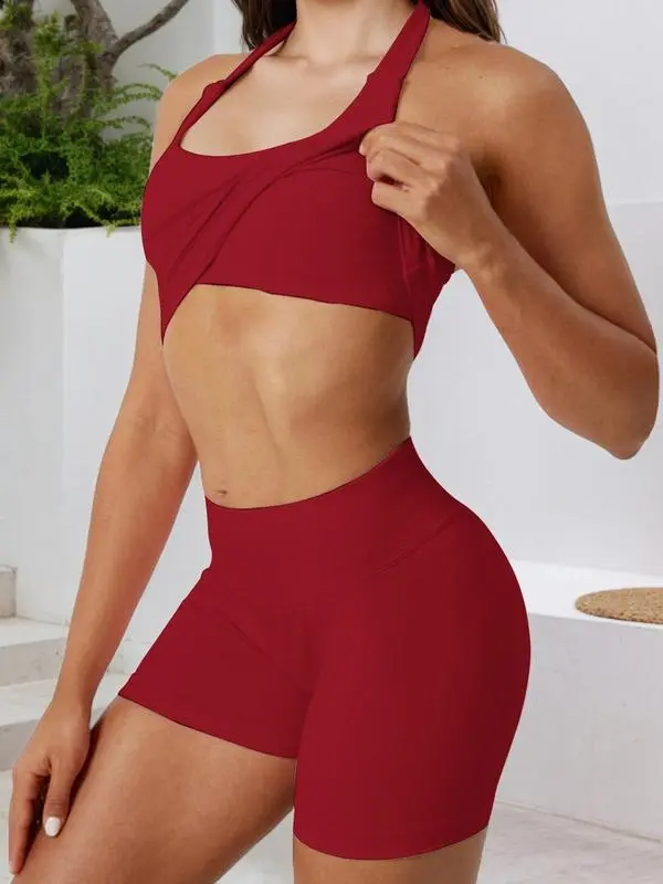 Two-Piece Set Women's Solid Color Halter Top & High Waist Shorts Sports Set