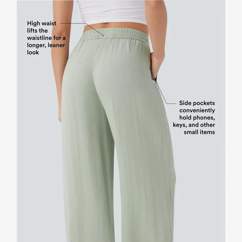 Women's High Waisted Wide Leg Pants – Linen-Feel Casual Drawstring with Pockets