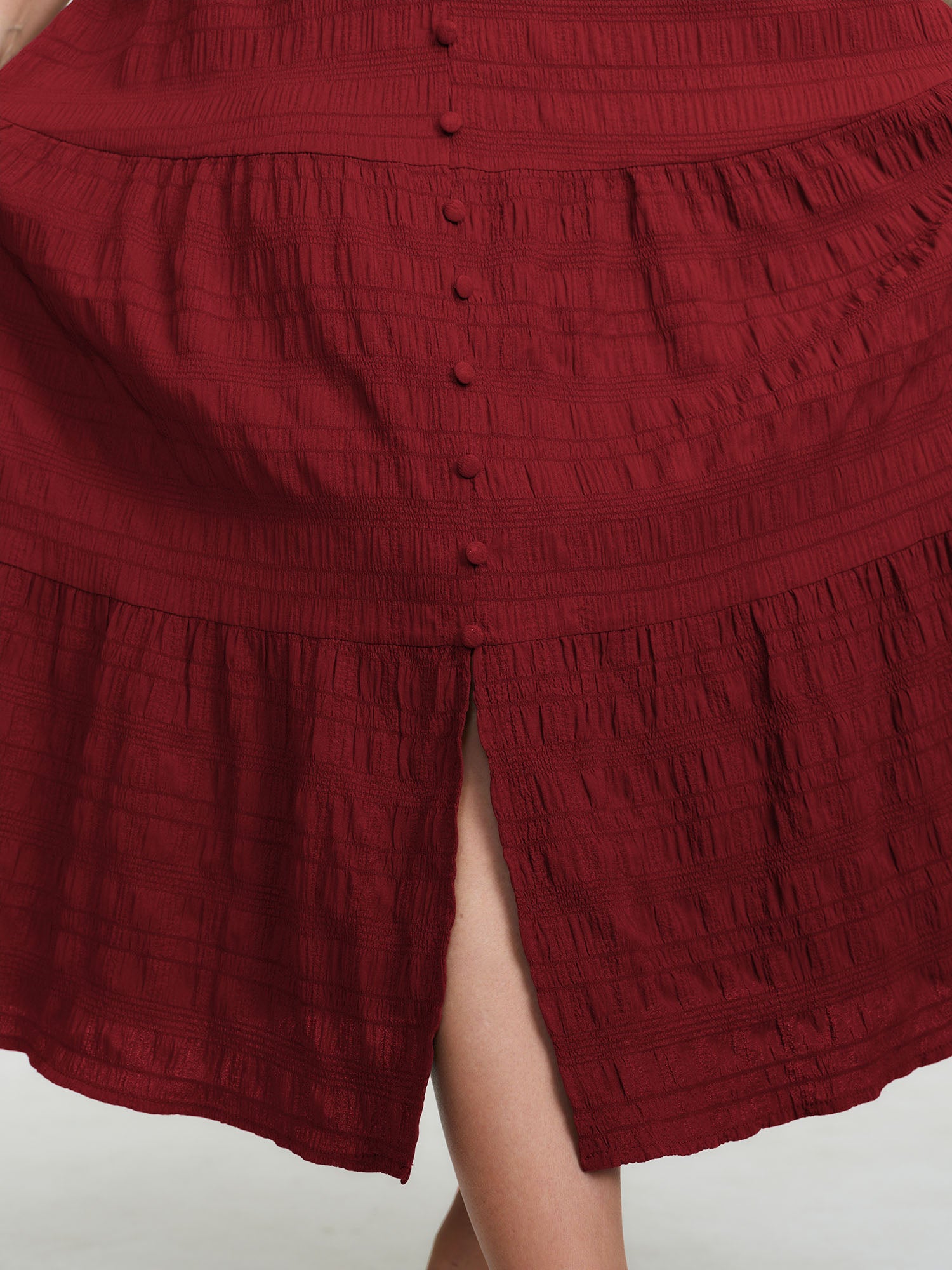 Textured Triangular Cinched-Waist Tiered Maxi Dress