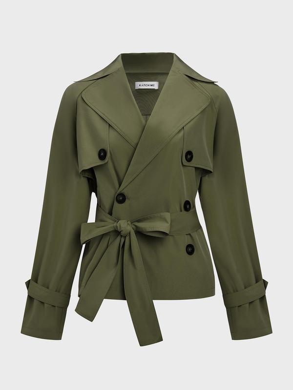 Trendy Solid Color Lapel Double Breasted Long Sleeve Trench Coat, Jackets