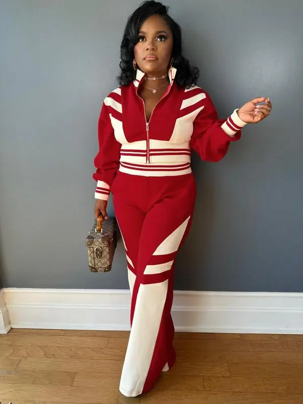 Women's Colorblock Print Zip Up Long Sleeve Crop Jacket & Pants Two-piece Set