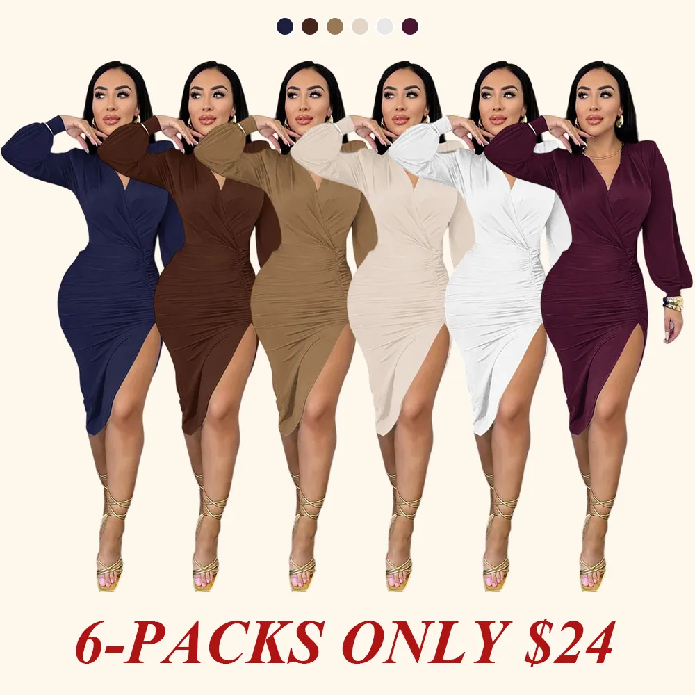 Women's Plain Ruched Wrap Split Thigh Bodycon Dress