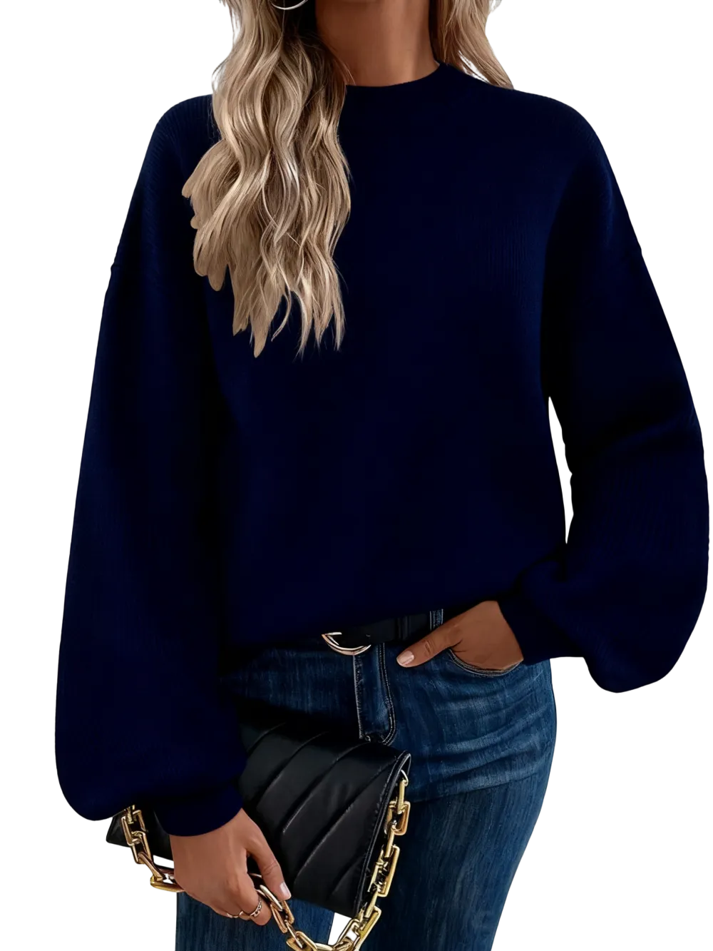 Women's high-neck long-sleeved loose lantern knit sweater