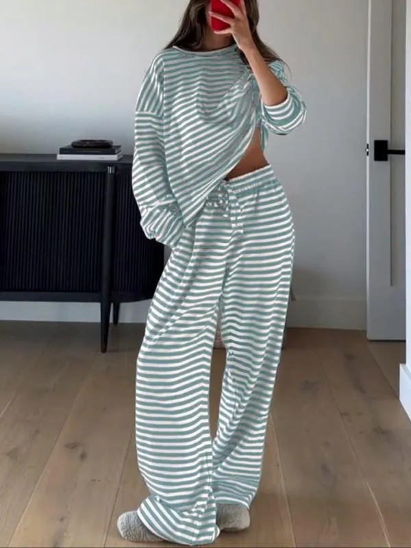 Women's Casual Striped Long Sleeve Top & Pants Set