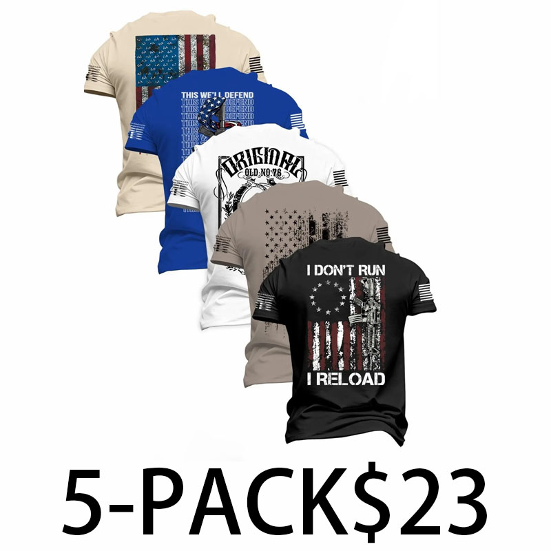 Men's 5-Pack Flag Print T-Shirts – Fitted Short Sleeve Casual Summer Tees