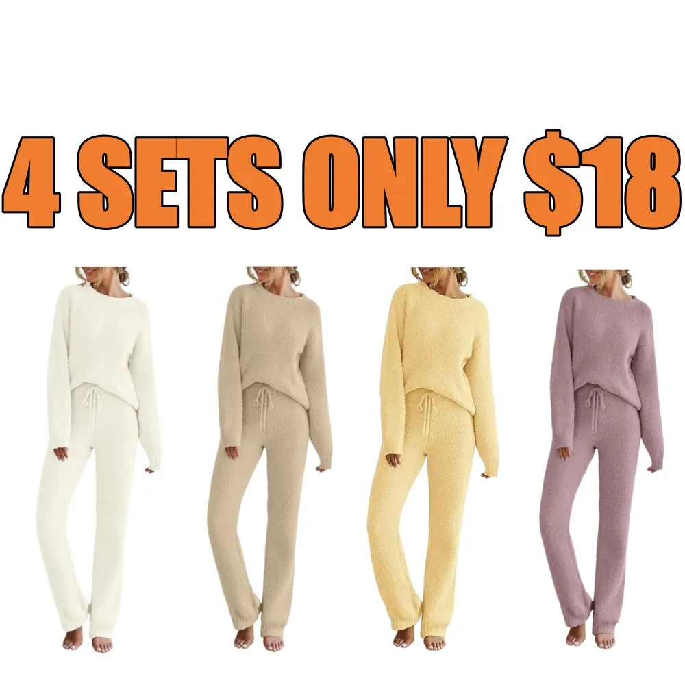 Women Fuzzy Fleece Long Sleeve Pajama Loungewear Set