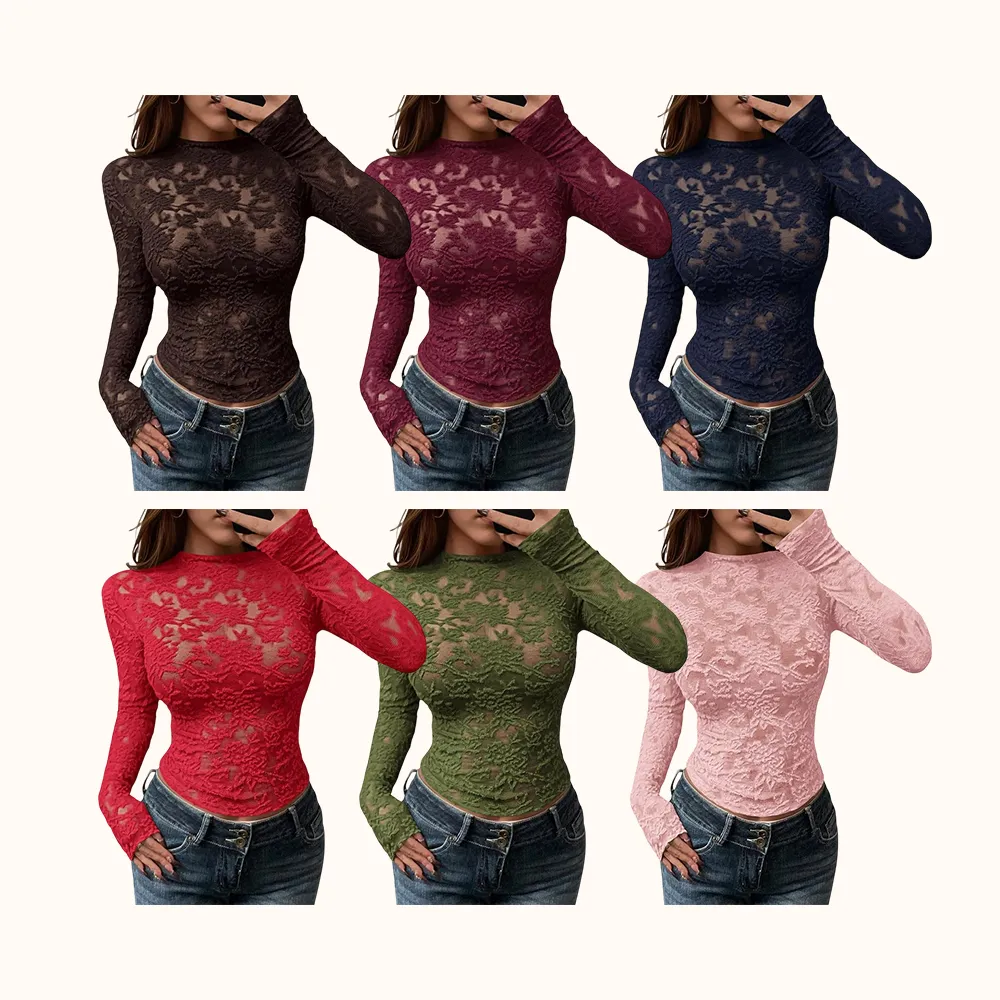 Mesh Long Sleeve Tops for Women Lace Sexy Sheer Tight See Through Crew Neck