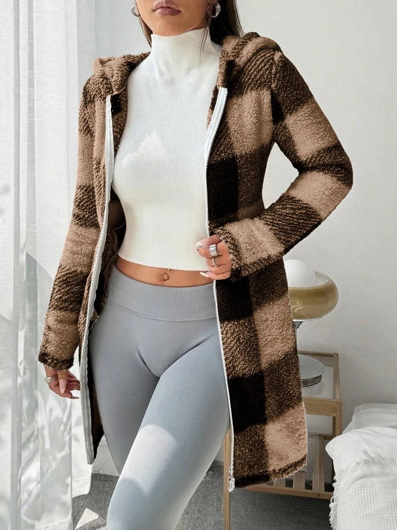 Women's Plaid Fleece Long Sleeve Hooded Coat