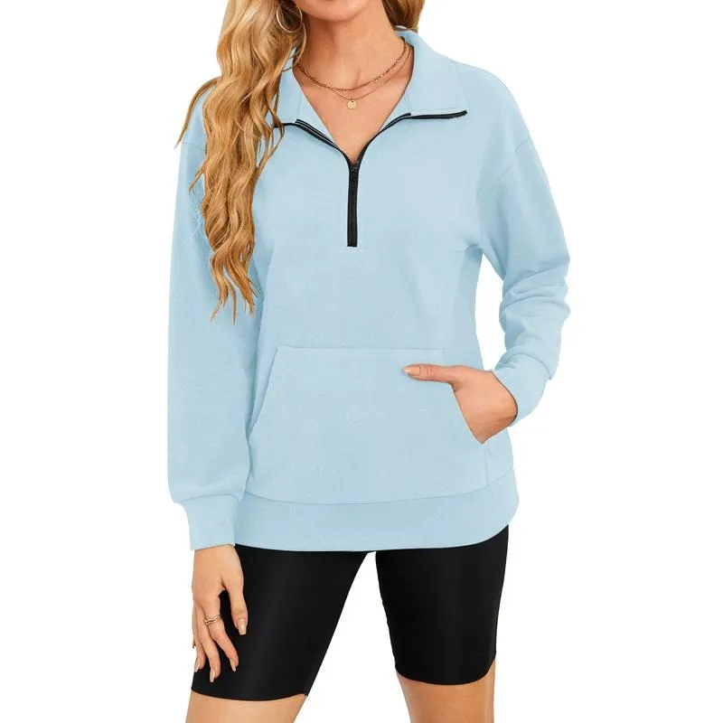 Women's Half Zip Sweatshirt Hoodless Hoodie Stand Collar Fleece Longsleeve Oversized