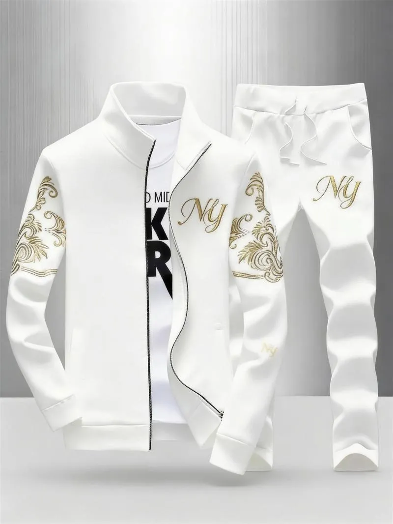 Men's Embroidery Stand Collar Tracksuit 2-Piece Full Zip Sportswear for Daily Casual Yellow Sweatsuit Matching Set