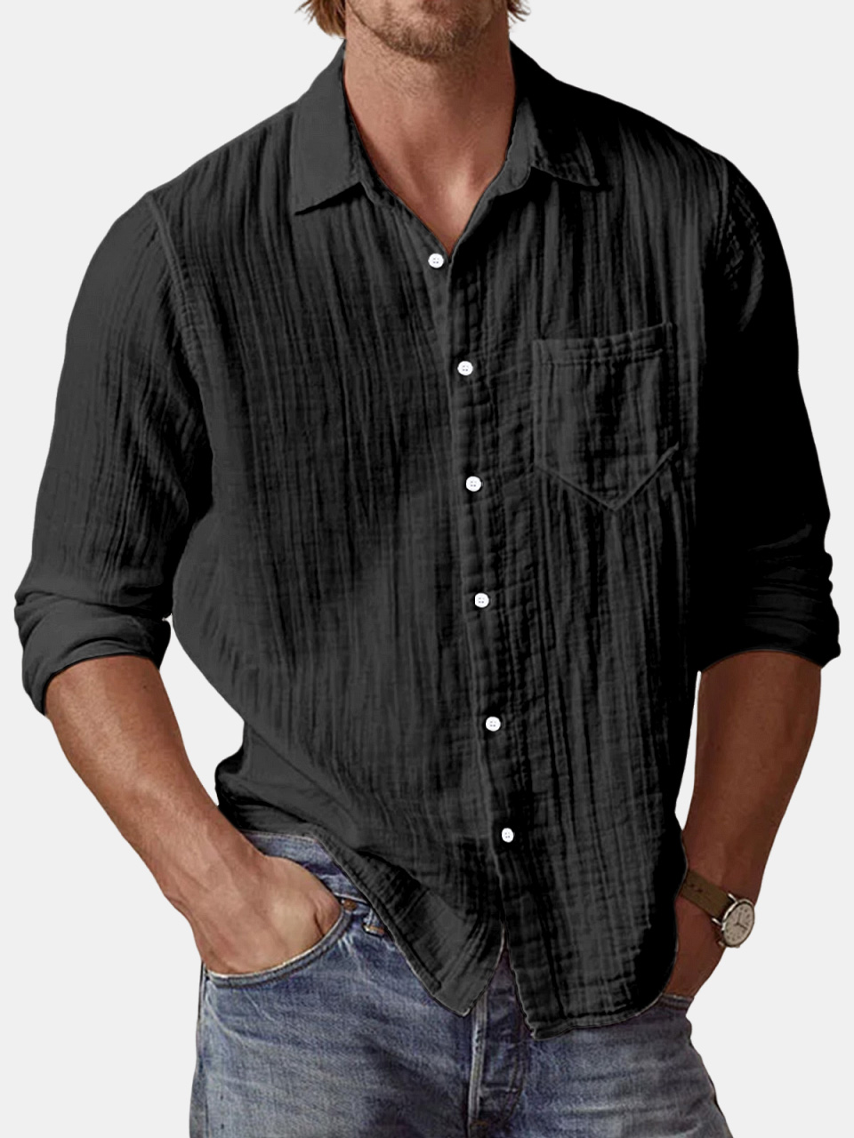 Men's Casual Textured Solid Color Comfortable Puff Wrinkle Long Sleeve Shirt