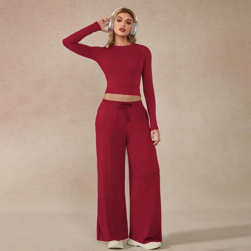Women's 2-Piece Activewear Set Long-Sleeve Crop Top & Wide-Leg Pants Stretchy Fabric