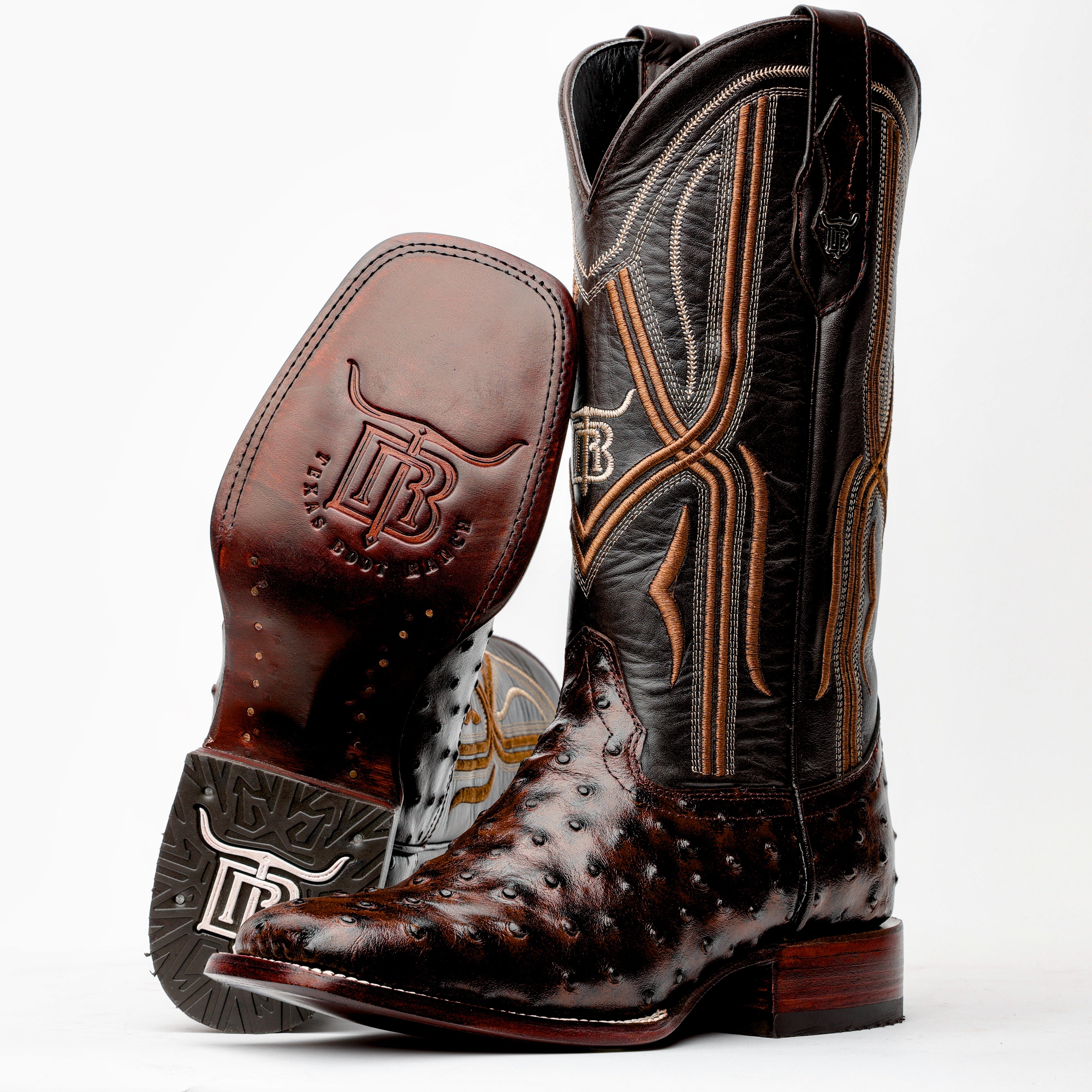 Chocolate Brown Ostrich Leather Boots - Square Toe