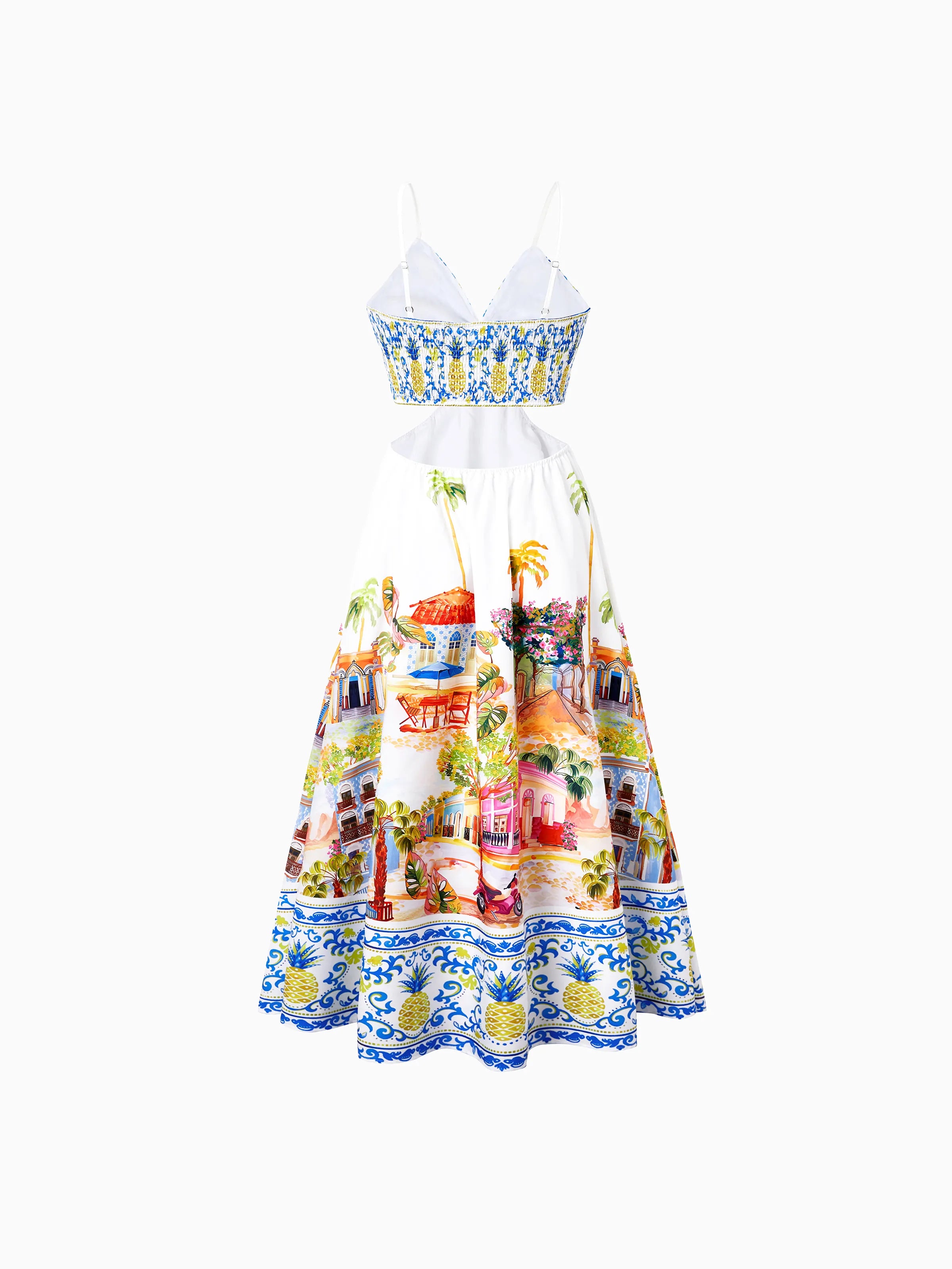 Family Matching Vacation Set Tropical Pineapple Coconut Tree Print Short-sleeve T-shirt or Hollow out Strap Dress for Summer Vacation  White