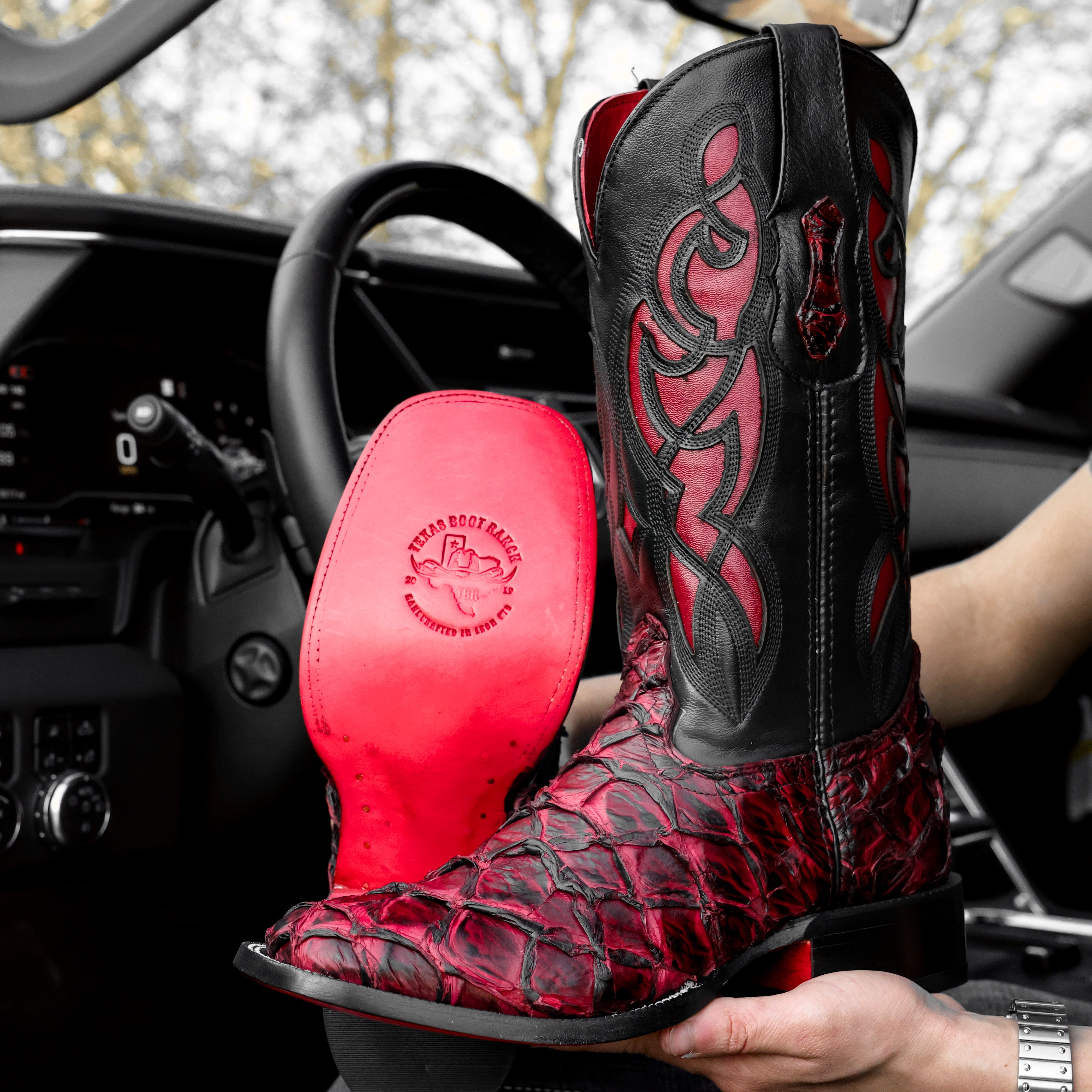 Genuine Black Cherry Pirarucu Boots - Square Toe