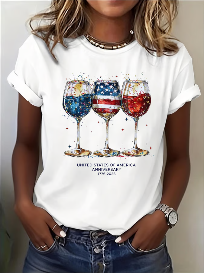 Women's Short Sleeve T-shirt Summer White Independence Day (Flag) Printing Jersey Crew Neck Daily Going Out Casual Top
