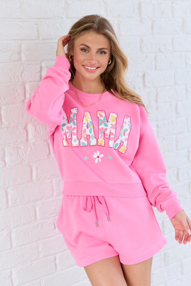 Mama Floral Print Pink Cropped Graphic Sweatshirt