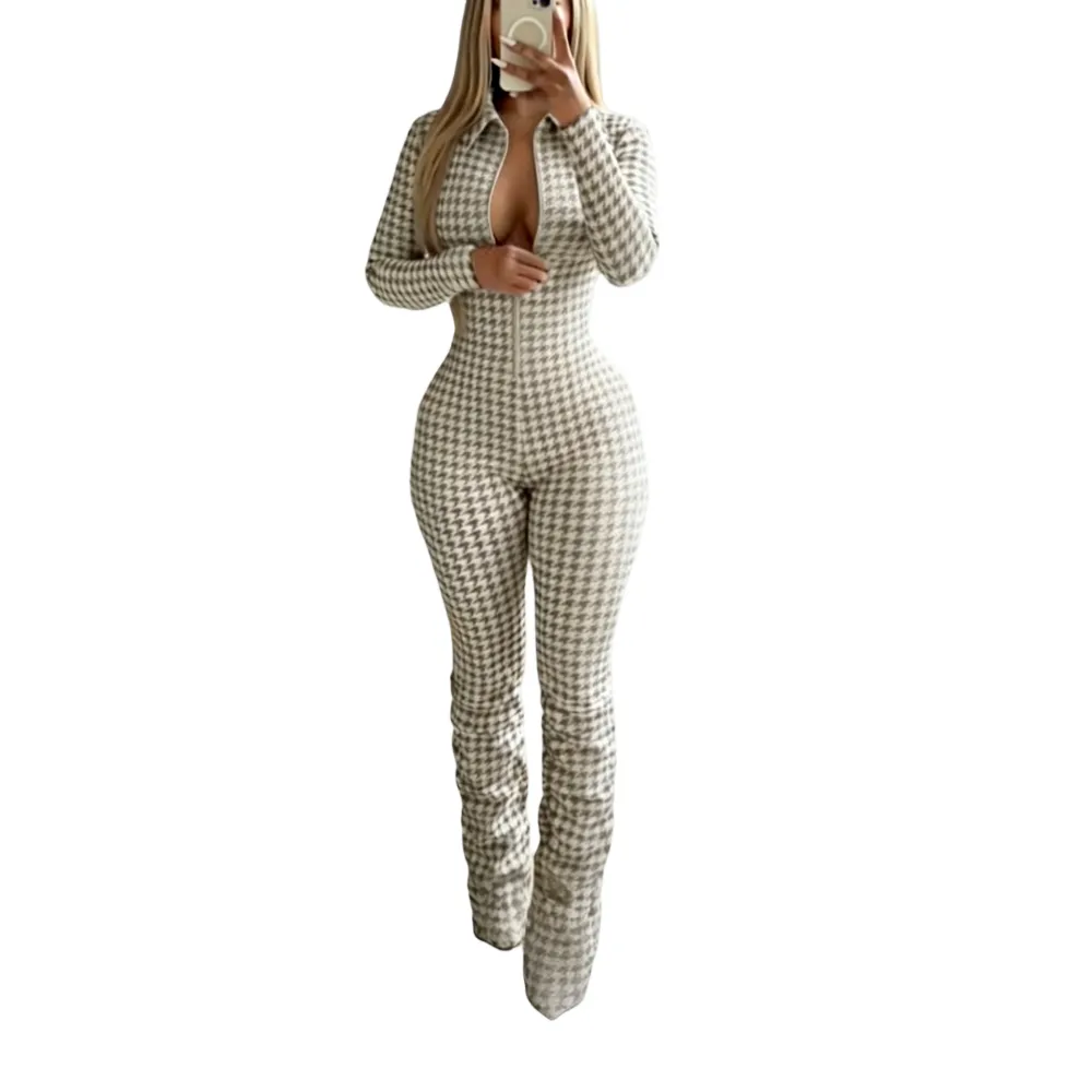 Women's timeless houndstooth jumpsuit with zipper closure