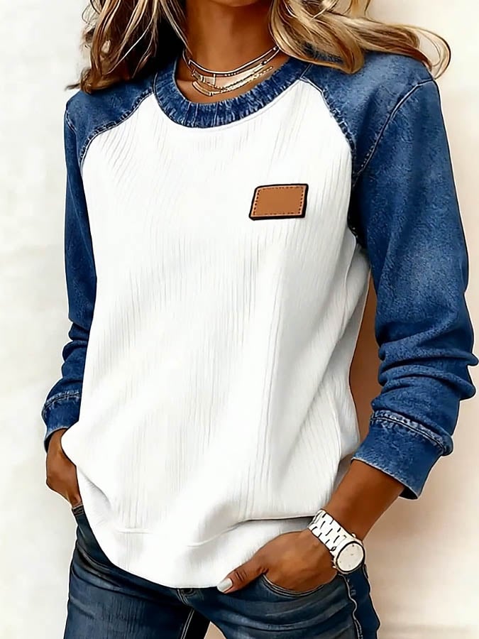 Women'S Casual Round Neck Denim Patchwork Pullover Sweatshirt